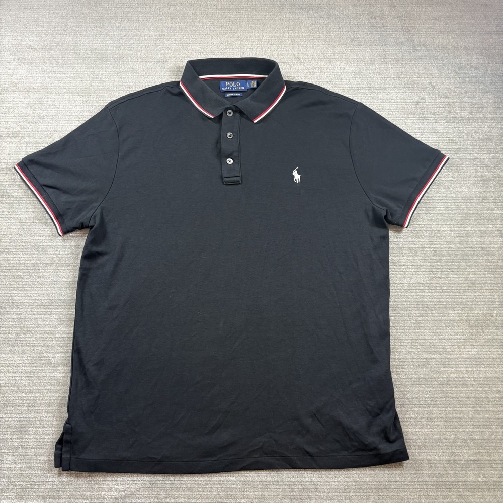 Polo Ralph Lauren Classic Fit Mesh Polo Shirt Mens L Black Casual Red Trim